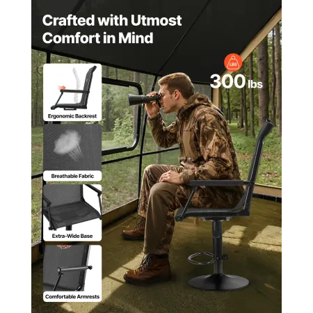 Hunting Chair, 360° Silent Swivel, Lightweight Blind Chair, Heavy-Duty Steel Frame Ground Stool Seat, with Padded Armrests, Heig