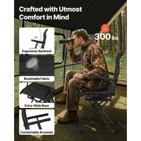 VEVOR Hunting Chair, 360° Silent Swivel, Foldable Portable Blind Chair, Heavy-Duty Steel Frame Ground Stool Seat, with Armrests,