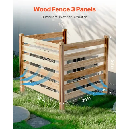 VEVOR Wood Privacy Fence, 36" W x 36" L, 3 Panel Slatted Air Conditioner Fence Screen, Pool Equipment Enclosure with Metal Stake