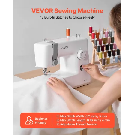 VEVOR Sewing Machine, 18 Stitch Applications, with LED Light and Foot Pedal, Simple Dial Control, Interior Metal Frame, Lightwei