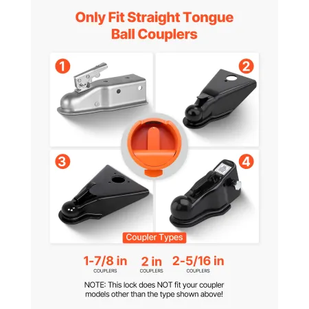 VEVOR Trailer Lock, Fits 47.5, 50.6 & 58.6 mm Straight Tongue Ball Couplers, Heavy Duty Hitch Lock with 4 Keys Secures Security 