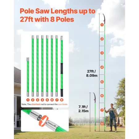 VEVOR Manual Pole Saw, 118-809.3 cm Extendable Pole Tree Pruner, Sharp 65Mn Steel Blade, Lightweight Fiberglass Handle Pole, Dou