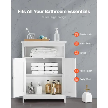 Bathroom Floor Cabinet, 3-Tier, Wooden Storage Organizer with 2 Doors and Adjustable Shelf, Modern Bathroom Furniture Home Decor