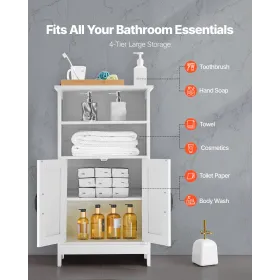 Bathroom Floor Cabinet, 4-Tier, Wooden Storage Organizer with 2 Doors and Adjustable Shelf, Modern Bathroom Furniture Home Decor