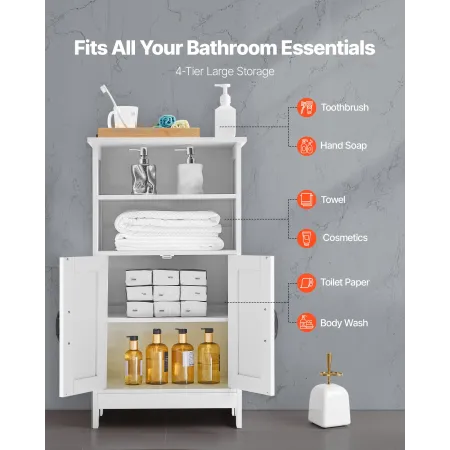 VEVOR Bathroom Floor Cabinet, 4-Tier, Wooden Storage Organizer with 2 Doors and Adjustable Shelf, Modern Bathroom Furniture Home