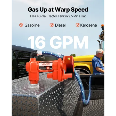 VEVOR brændstofoverførselspumpe, 12V DC 61 L/min(16 GPM) 186W(1/4 HK) dieselpumpe, udsugningspumper med manuel dyse,