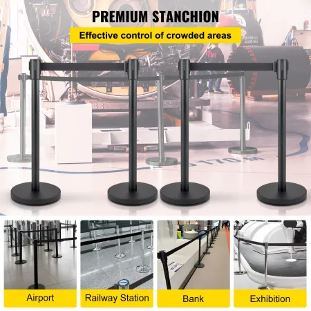 VEVOR Crowd Control Stanchion, sæt med 4 styks Stanchion Sæt, Stanchion Sæt med 6,6 ft/2 m sort tilbagetrækkeligt bælte, Black
