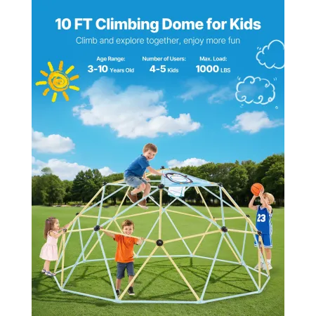 VEVOR Climbing Dome, 305cm Geometric Dome Climber, 453kg Loading Jungle Gym Playground with 2 Basketballs & Octopus Net, Easy-As