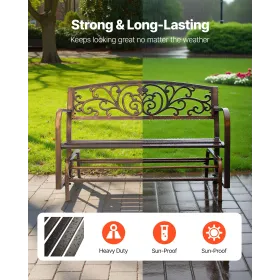 Outdoor Bench, 127 cm, Carbon Steel Metal Frame with Cast Iron Backrest and Round Edge Armrests, Weatherproof Outside Glider Ben