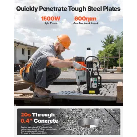 VEVOR magnetisk borepresse, 1500 W, 60 mm borediameter, 13000N Power Mag borepresse, 0-600 o/min justerbar hastighed, morsekonus