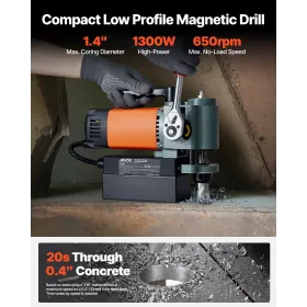 VEVOR Low Profile Magnetic Drill Press, 1300 W, 35 mm Boring Diameter, 10000N Power Portable Mag Drill Press, 650RPM Speed, with
