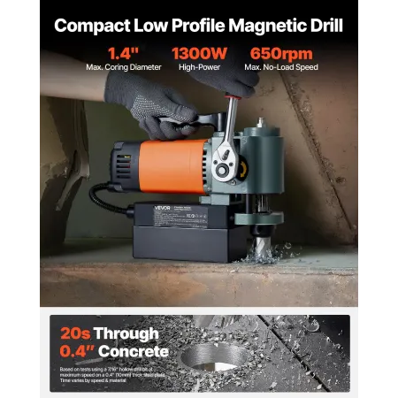 VEVOR Low Profile Magnetic Drill Press, 1300 W, 35 mm Boring Diameter, 10000N Power Portable Mag Drill Press, 650RPM Speed, with