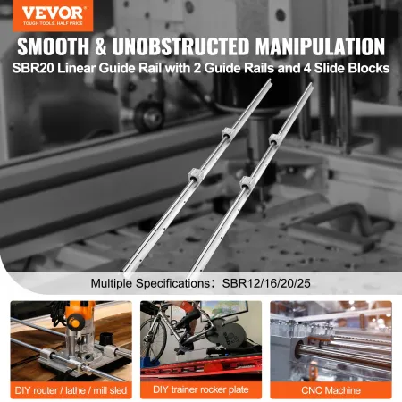 Linear Guide Rail Set, SBR20 1500mm, 2 PCS 59 in/1500 mm SBR20 Guide Rails and 4 PCS SBR20UU Slide Blocks, Linear Rails and Bear