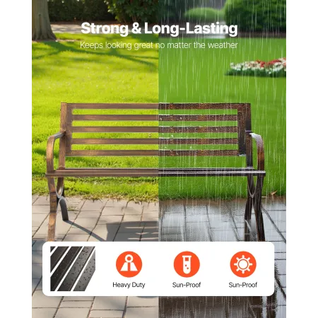 VEVOR Outdoor Bench, 127 cm, Carbon Steel Metal Frame with Slatted Pattern Backrest and Round Edge Armrests, Weatherproof Outsid