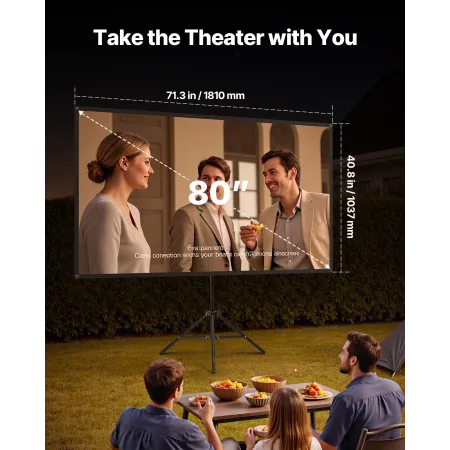 VEVOR Projector Screen with Stand, 80 Inch 160° Wide Angle Indoor Outdoor Projection Screen, 16:9 4K HD Wrinkleless Portable Tri