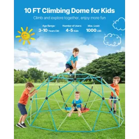 Climbing Dome, 305cm Geometric Dome Climber with Saucer Swing, 453kg Loading Kid's Jungle Gym Playground, Easy-Assembly Outdoor 