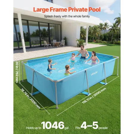 Frame Above Ground Swimming Pool, 3 x 2 x 0.762 m Rectangular Steel Metal Frame, Large Rectangle Outdoor Backyard Family Pool, E