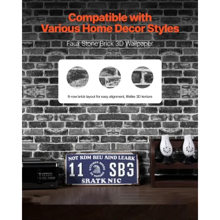 VEVOR Peel and Stick Tapet, 45cm x 10m Kontaktpapir Grå Mursten Vandtæt Selvklæbende, let at rengøre og skrælle Vægdekorativ