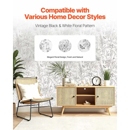 VEVOR Peel and Stick Wallpaper, 45cm x 10m Contact Paper White Line Art Botanical Floral Waterpoof Self Adhesive, Easy to Clean 