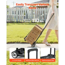 VEVOR Folding Hand Truck, 49.9 kg Load Capacity, Collapsible Luggage Cart with 2 Wheels & 1 Elastic Rope, Utility Dolly Platform