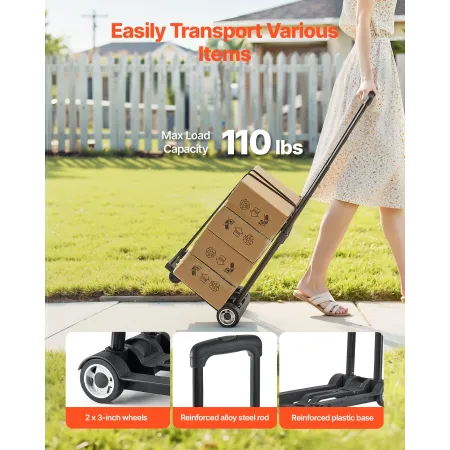 VEVOR Folding Hand Truck, 49.9 kg Load Capacity, Collapsible Luggage Cart with 2 Wheels & 1 Elastic Rope, Utility Dolly Platform