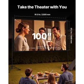 Projector Screen with Stand, 100 Inch 160° Wide Angle Indoor Outdoor Projection Screen, 16:9 4K HD Wrinkleless Portable Dual-Tri