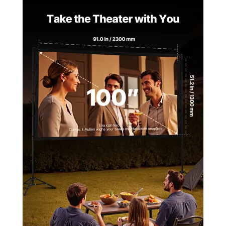VEVOR Projector Screen with Stand, 100 Inch 160° Wide Angle Indoor Outdoor Projection Screen, 16:9 4K HD Wrinkleless Portable Du