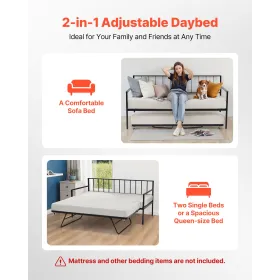 Twin Size Daybed Frame, Height Adjustable Day Bed with Trundle, Heavy Duty Metal Platform Bed Frame with LED Light and Charging 