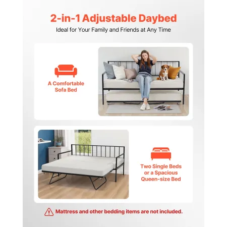 Twin Size Daybed Stel, Højdejusterbar Day Bed med Trille, Heavy
