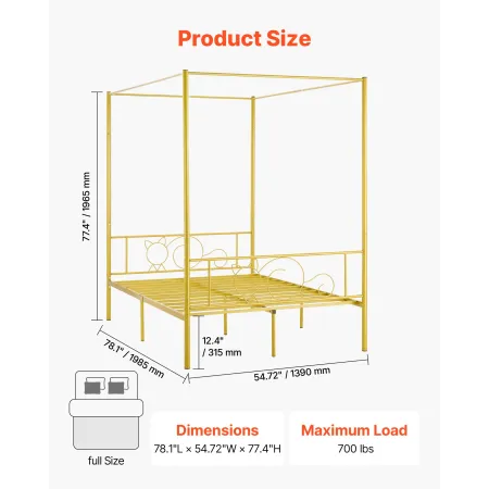 VEVOR Full Size Canopy Bed Frame, Metal Canopy Bed with Minimalist Headboard & Four Posters Design, Heavy Duty Steel Slats Suppo