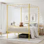 Full Size Canopy Bed Frame, Metal Canopy Bed with Minimalist Headboard & Four Posters Design, Heavy Duty Steel Slats Support, Un