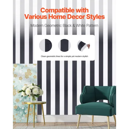 VEVOR Peel and Stick Tapet, 45cm x 15m Kontaktpapir Sort Hvid Moderne geometrisk vandtætte selvklæbende, let at rengøre Wal