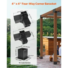 Pergola Kit, 4x4 Inch Pergola Brackets for 92 x 92 mm Wood Beams in Actual Dimension, 3-Way (4 Pcs) and 4-Way (2 Pcs) Gazebo Bra