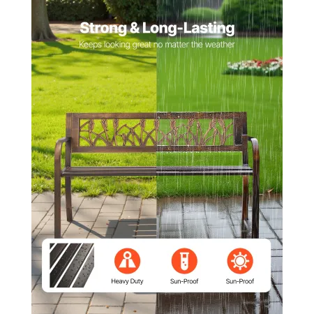 VEVOR Outdoor Bench, 127 cm, Carbon Steel Metal Frame with PVC Floral Pattern Backrest and Round Edge Armrests, Weatherproof Out