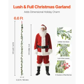 Christmas Garland, 2011 mm Realistic Greenery Decorated with Vines, Olive Leaves, and Berries, Evergreen Faux Garlands with Ligh