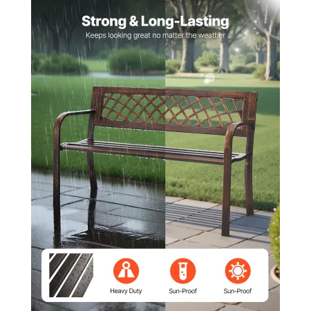 Outdoor Bench, 116 cm, Carbon Steel Metal Frame with PVC Mesh Pattern Backrest and Round Edge Armrests, Weatherproof Outside Ben
