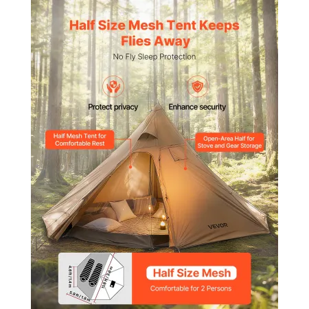 Hot Tent for 4 Persons, Camping Tipi Hot Tents with Stove Jack & Inner Tent, Portable Winter Camping Tents with Snow Skirt, Easy