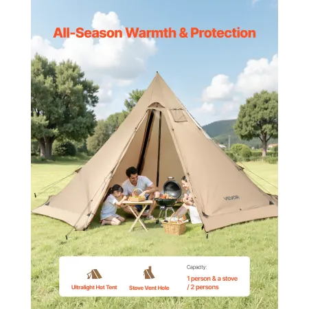 Hot Tent for 4-6 Persons, Portable Winter Tipi Tent with Stove Jack, Waterproof Canvas Camping Tents, Lightweight 4 Season Shelt
