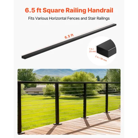 VEVOR 198 cm Stainless Steel Handrail, Rectangular Top Stair Deck Hand Rail for Outdoor/Indoor Steps with End Cap,Matte Black Co