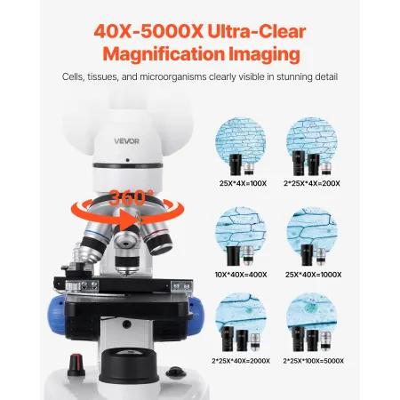 VEVOR Trinocular Microscope for Adult, Professional Compound Microscope Kit with 40-5000X Magnification, Aluminum Alloy Body, In
