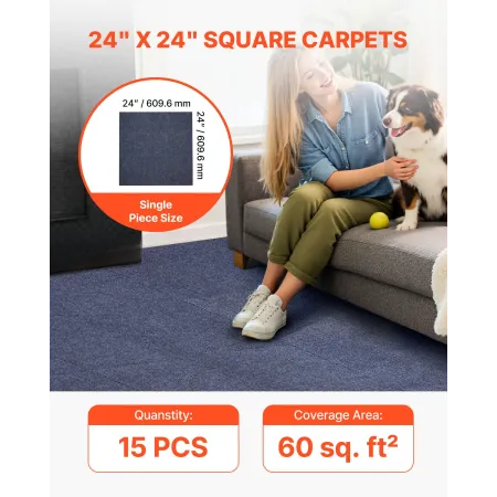 VEVOR Carpet Tiles 610x610 mm, 15 Pack Peel and Stick Carpet Square Rug, Self Adhesive Commercial Floor Soft Padded for Seamless