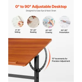 VEVOR Drafting Table, Adjustable 0°–90° Tilt Drawing Desk, Portable Artist Table with Black H-Frame and Brown Desktop, Wooden Pa