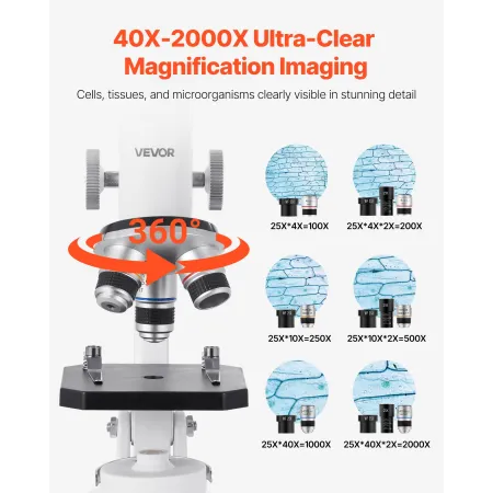Monocular Microscope for Adults, Professional Compound Microscope Kit, 40-2000X Magnification, Aluminum Alloy Body, Includes LED