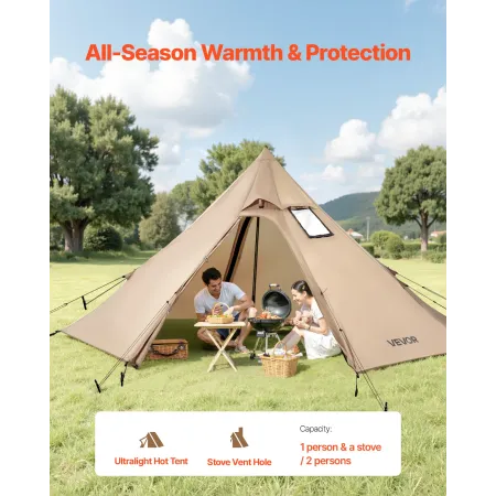 Hot Tent for 2 Persons, Portable Winter Tipi Tent with Stove Jack, Waterproof Canvas Camping Tents, Lightweight 4 Season Shelter