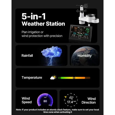 VEVOR 5-in-1 Wireless Weather Station, 7.5 inch / 190.5 mm VA Display, Solar Powered Outdoor Sensor, Rain Gauge, Indoor Outdoor 