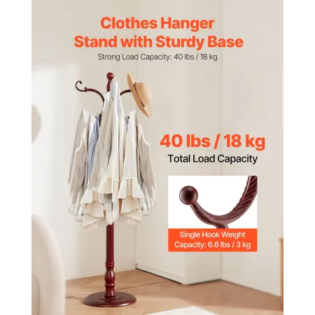 VEVOR Coat Rack Freestanding, Wooden Coats Rack Stand with Weighted Base & 11 Hooks, Free Standing Hall Coat Tree for Entryway, 