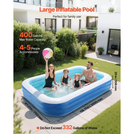 Inflatable Pool, 3000 x 1702 x 508mm Large Inflatable Swimming Pool, Family Large Swimming Pools with Repair Patches, Blow Up Po