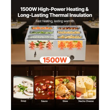 kommerciel madvarmer, 1500 W elektrisk dampvarmer i rustfrit