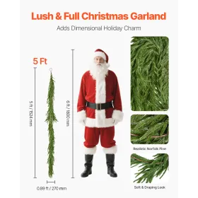 Christmas Garland, 1524 mm Realistic Norfolk Pine Garland, Evergreen Real Touch Artificial Faux Greenery Garlands, for Holiday I