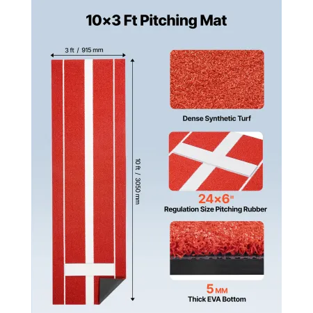 VEVOR Softball Pitching Mat, 305x92cm Baseball Pitching Gummihøj, Antifade græstørv og skridsikker skumbagside Bærbar træning